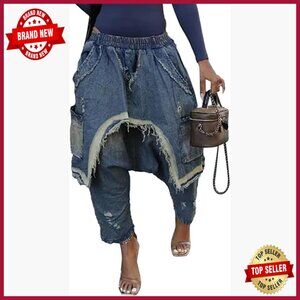 Women's Harem Jeans Patchwork Cargo Denim Pants Elastic Waist Wide Leg